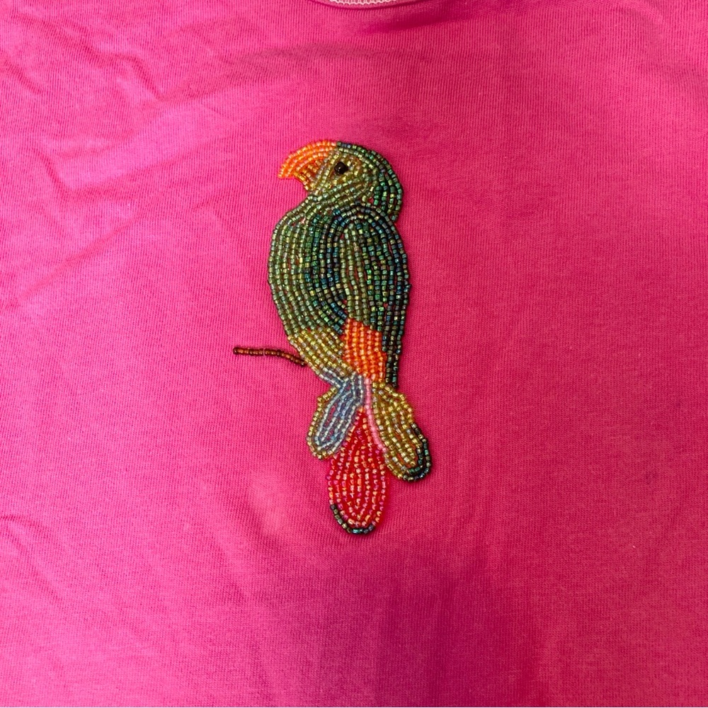 Quacker Factory Pink Cotton Short Sleeve Tee with Beaded Parrot - Picture 2 of 16